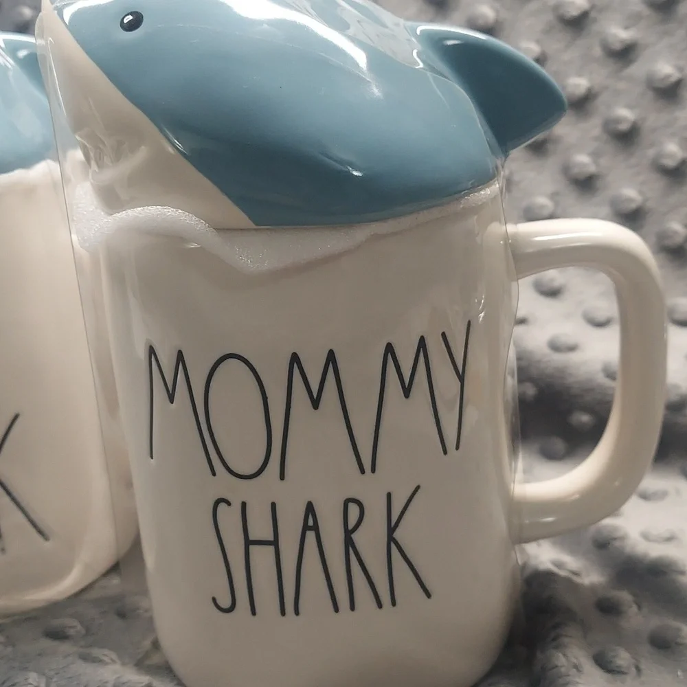 Rae Dunn White Cream Shark Top Mugs Set - Daddy Shark & Mommy Shark
